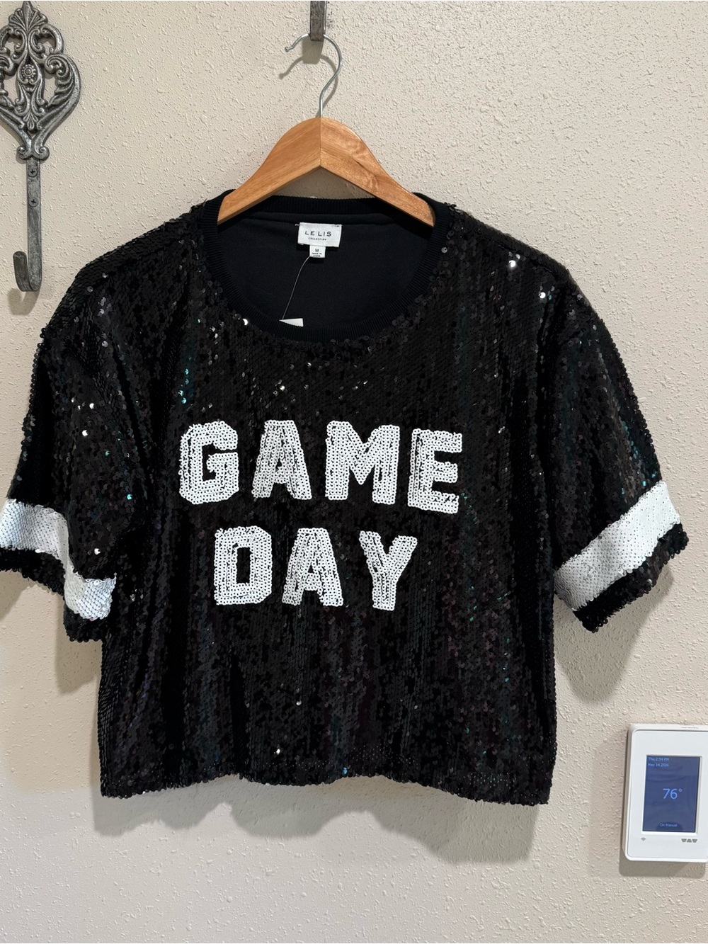 NWT Le Lis Black Sequin 'GAME DAY' Crop Tee  M